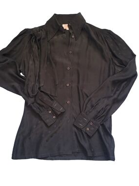 Silk-Blend Black Button-Up Shirt with Tie Neck Vintage 70s
